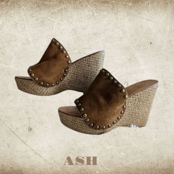 ASH Suede Studded Platform Straw Wicker Wedge Heels Sandal  Sz 38 - Picture 1 of 10
